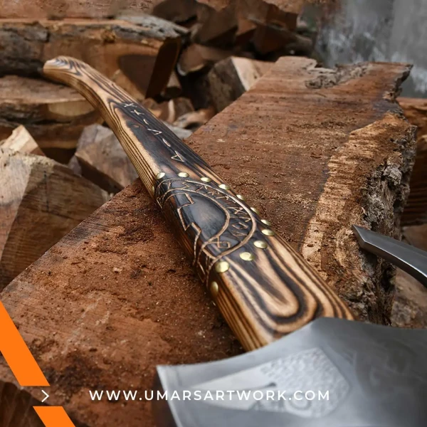 Carving axe replica with sharp, curved blade for detailed woodwork, Inspired by traditional woodworking tools, High-quality replica with forged steel head and hardwood handle, Designed for precision carving and shaping tasks, Display-worthy collectible combining function and craftsmanship