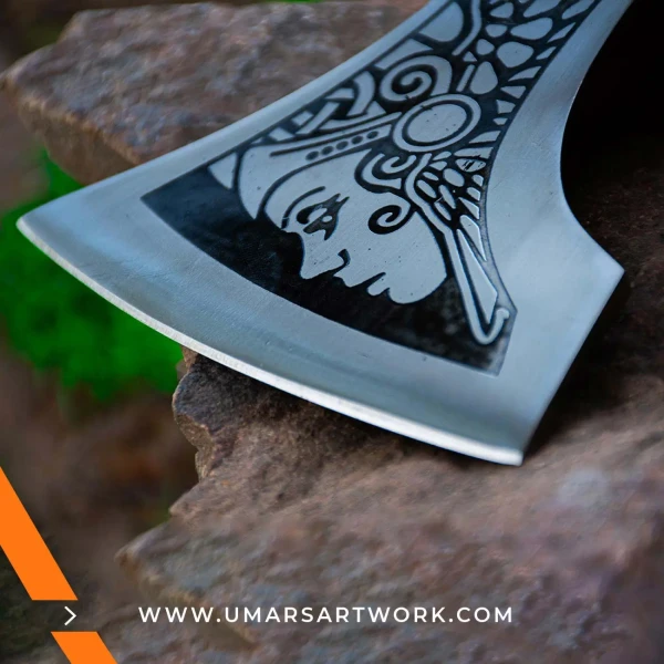 Carving axe replica with sharp, curved blade for detailed woodwork, Inspired by traditional woodworking tools, High-quality replica with forged steel head and hardwood handle, Designed for precision carving and shaping tasks, Display-worthy collectible combining function and craftsmanship