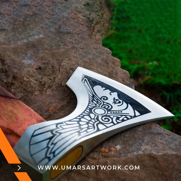 Carving axe replica with sharp, curved blade for detailed woodwork, Inspired by traditional woodworking tools, High-quality replica with forged steel head and hardwood handle, Designed for precision carving and shaping tasks, Display-worthy collectible combining function and craftsmanship
