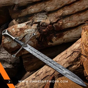 Damascus sword with distinctive wavy blade pattern and high-carbon steel, Hand-forged sword known for strength and sharpness, High-quality Damascus steel blade with elegant design, Functional sword with full-tang construction and durable grip, Display-worthy collectible showcasing traditional forging craftsmanship