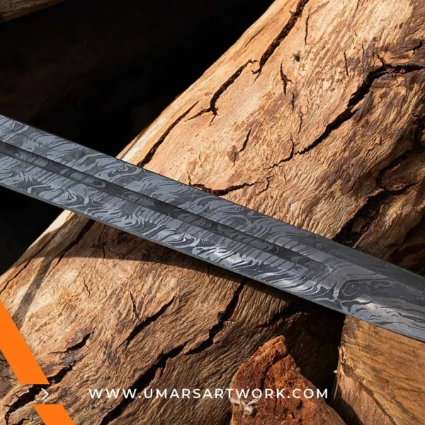 Damascus sword with distinctive wavy blade pattern and high-carbon steel, Hand-forged sword known for strength and sharpness, High-quality Damascus steel blade with elegant design, Functional sword with full-tang construction and durable grip, Display-worthy collectible showcasing traditional forging craftsmanship