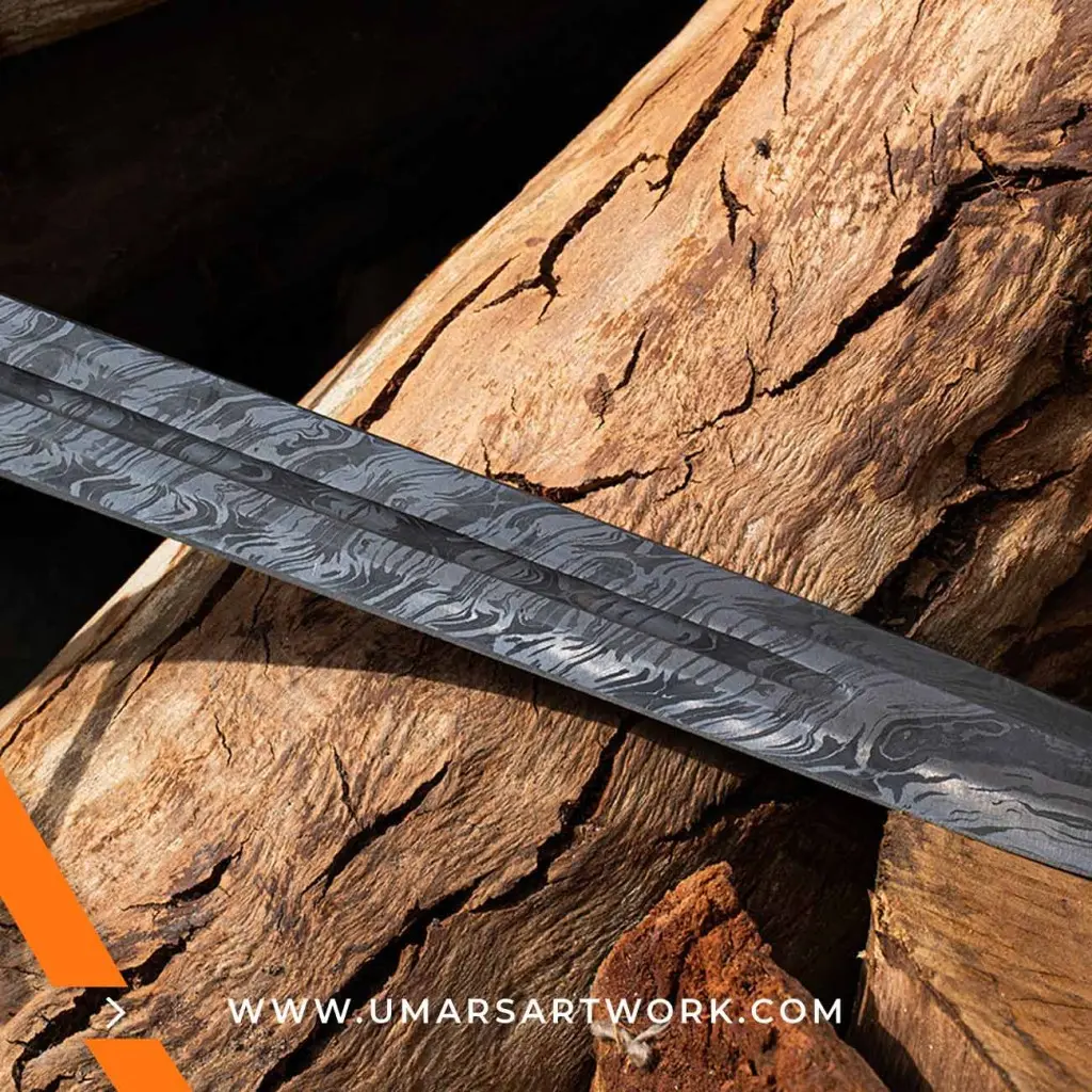Damascus sword with distinctive wavy blade pattern and high-carbon steel, Hand-forged sword known for strength and sharpness, High-quality Damascus steel blade with elegant design, Functional sword with full-tang construction and durable grip, Display-worthy collectible showcasing traditional forging craftsmanship