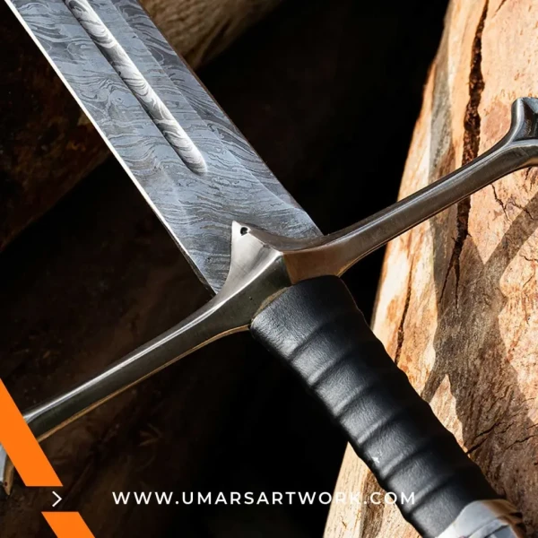 Damascus sword with distinctive wavy blade pattern and high-carbon steel, Hand-forged sword known for strength and sharpness, High-quality Damascus steel blade with elegant design, Functional sword with full-tang construction and durable grip, Display-worthy collectible showcasing traditional forging craftsmanship