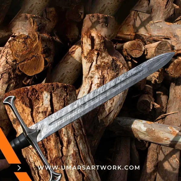 Damascus sword with distinctive wavy blade pattern and high-carbon steel, Hand-forged sword known for strength and sharpness, High-quality Damascus steel blade with elegant design, Functional sword with full-tang construction and durable grip, Display-worthy collectible showcasing traditional forging craftsmanship