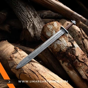 Damascus sword with distinctive wavy blade pattern and high-carbon steel, Hand-forged sword known for strength and sharpness, High-quality Damascus steel blade with elegant design, Functional sword with full-tang construction and durable grip, Display-worthy collectible showcasing traditional forging craftsmanship