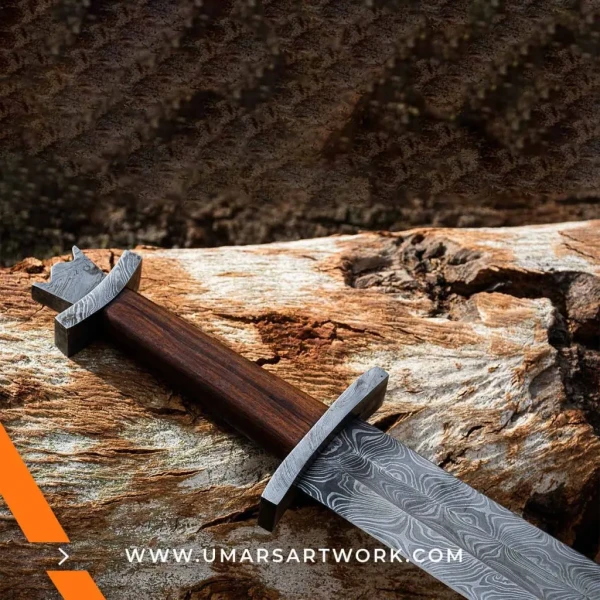 Damascus sword with distinctive wavy blade pattern and high-carbon steel, Hand-forged sword known for strength and sharpness, High-quality Damascus steel blade with elegant design, Functional sword with full-tang construction and durable grip, Display-worthy collectible showcasing traditional forging craftsmanship