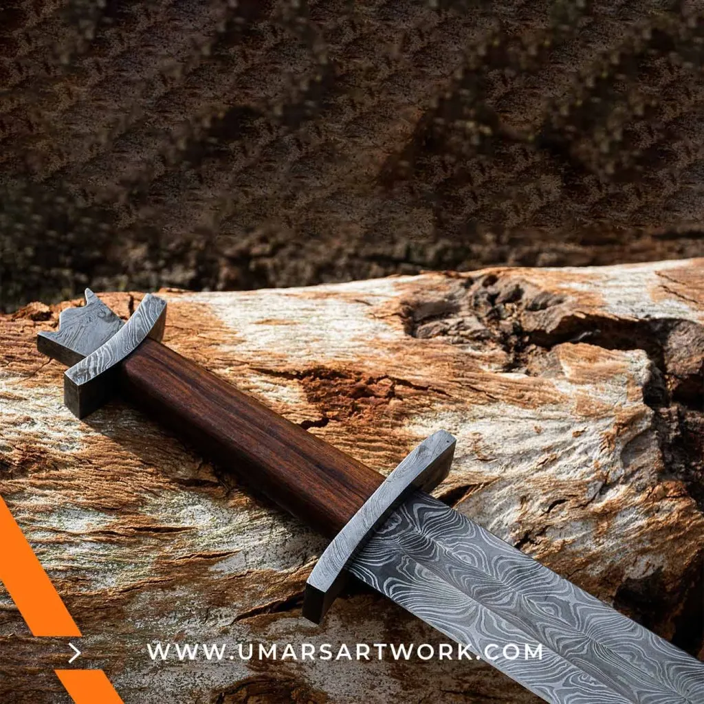 Damascus sword with distinctive wavy blade pattern and high-carbon steel, Hand-forged sword known for strength and sharpness, High-quality Damascus steel blade with elegant design, Functional sword with full-tang construction and durable grip, Display-worthy collectible showcasing traditional forging craftsmanship