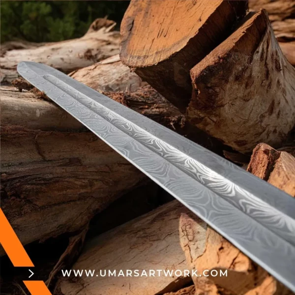 Damascus sword with distinctive wavy blade pattern and high-carbon steel, Hand-forged sword known for strength and sharpness, High-quality Damascus steel blade with elegant design, Functional sword with full-tang construction and durable grip, Display-worthy collectible showcasing traditional forging craftsmanship