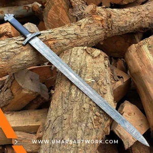 Damascus sword with distinctive wavy blade pattern and high-carbon steel, Hand-forged sword known for strength and sharpness, High-quality Damascus steel blade with elegant design, Functional sword with full-tang construction and durable grip, Display-worthy collectible showcasing traditional forging craftsmanship