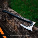 Viking axe with traditional Norse design and engraved steel head, Hand-forged blade inspired by ancient Viking warriors, High-quality axe with sturdy wooden handle for firm grip, Battle-ready replica ideal for display or functional use, Authentic Viking axe collectible with historical craftsmanship