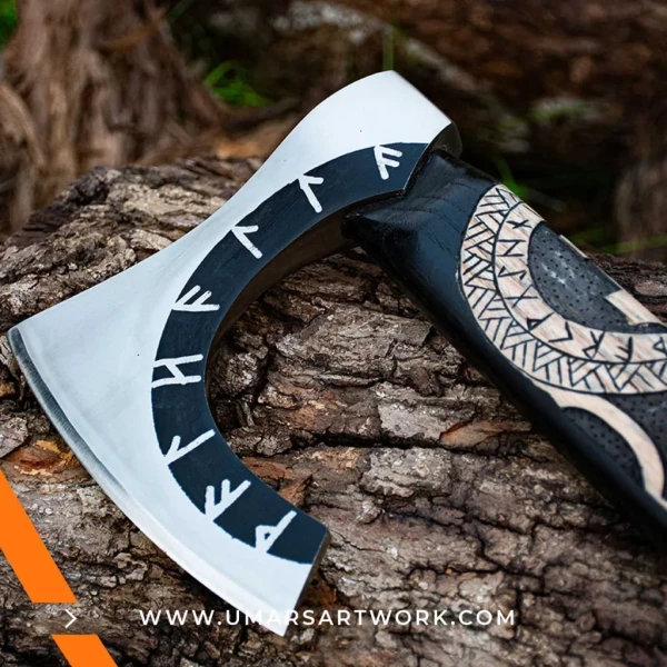 Viking axe with traditional Norse design and engraved steel head, Hand-forged blade inspired by ancient Viking warriors, High-quality axe with sturdy wooden handle for firm grip, Battle-ready replica ideal for display or functional use, Authentic Viking axe collectible with historical craftsmanship