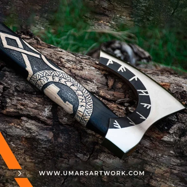 Viking axe with traditional Norse design and engraved steel head, Hand-forged blade inspired by ancient Viking warriors, High-quality axe with sturdy wooden handle for firm grip, Battle-ready replica ideal for display or functional use, Authentic Viking axe collectible with historical craftsmanship