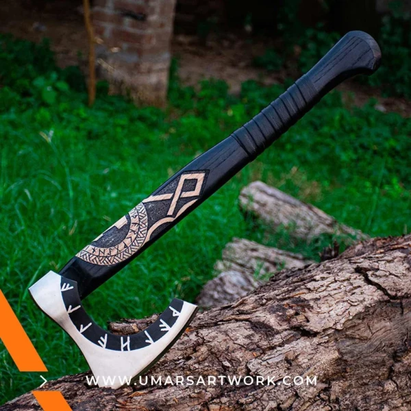 Viking axe with traditional Norse design and engraved steel head, Hand-forged blade inspired by ancient Viking warriors, High-quality axe with sturdy wooden handle for firm grip, Battle-ready replica ideal for display or functional use, Authentic Viking axe collectible with historical craftsmanship
