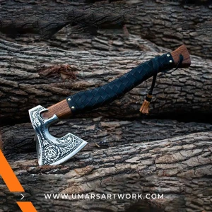 Viking axe with traditional Norse design and engraved steel head, Hand-forged blade inspired by ancient Viking warriors, High-quality axe with sturdy wooden handle for firm grip, Battle-ready replica ideal for display or functional use, Authentic Viking axe collectible with historical craftsmanship