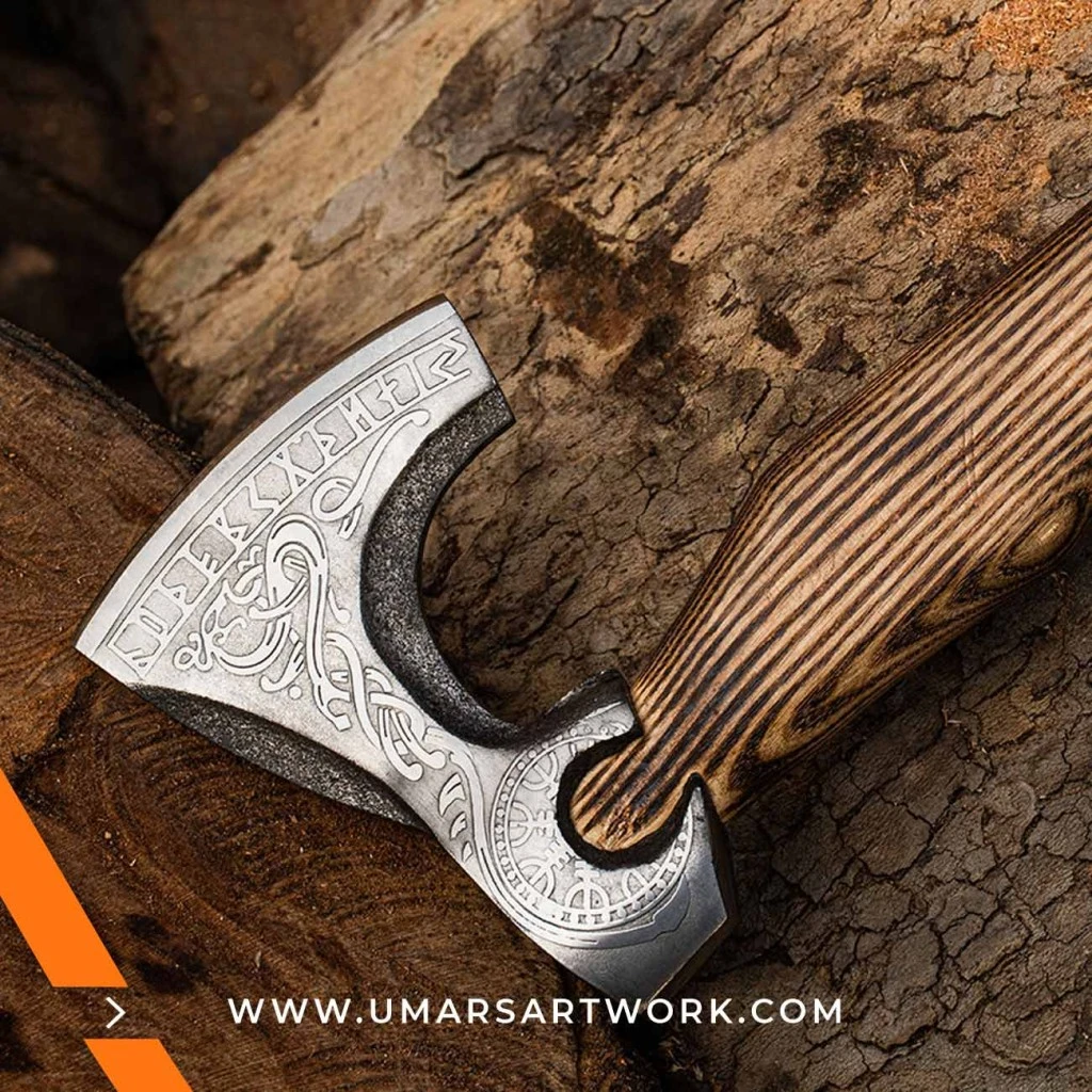 Viking axe with traditional Norse design and engraved steel head, Hand-forged blade inspired by ancient Viking warriors, High-quality axe with sturdy wooden handle for firm grip, Battle-ready replica ideal for display or functional use, Authentic Viking axe collectible with historical craftsmanship