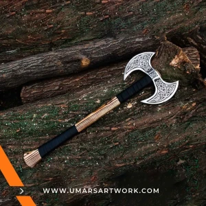 Viking axe with traditional Norse design and engraved steel head, Hand-forged blade inspired by ancient Viking warriors, High-quality axe with sturdy wooden handle for firm grip, Battle-ready replica ideal for display or functional use, Authentic Viking axe collectible with historical craftsmanship