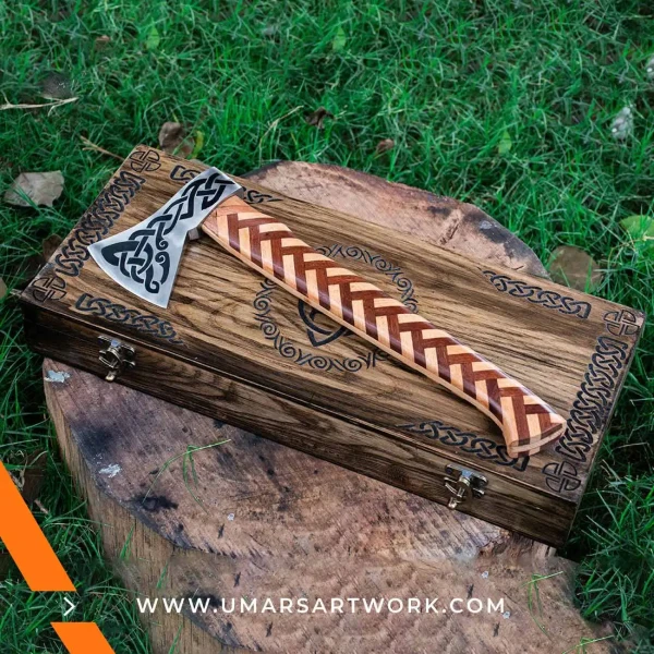 Viking axe with traditional Norse design and engraved steel head, Hand-forged blade inspired by ancient Viking warriors, High-quality axe with sturdy wooden handle for firm grip, Battle-ready replica ideal for display or functional use, Authentic Viking axe collectible with historical craftsmanship