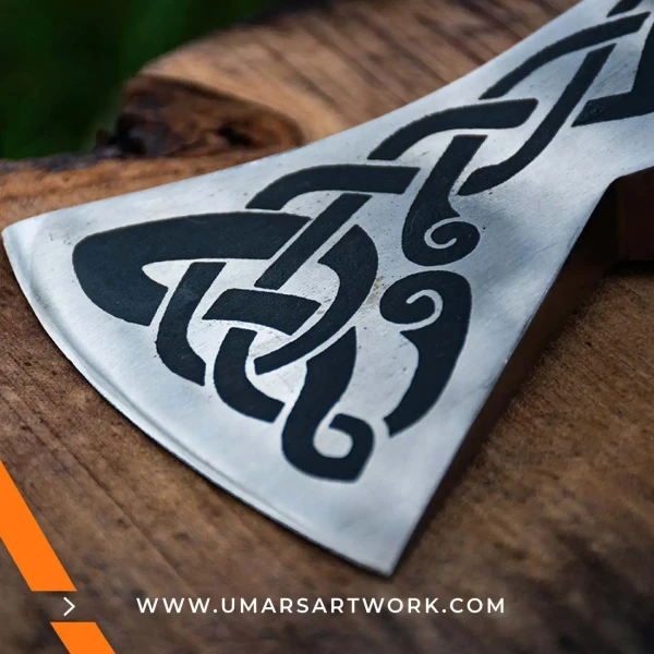 Viking axe with traditional Norse design and engraved steel head, Hand-forged blade inspired by ancient Viking warriors, High-quality axe with sturdy wooden handle for firm grip, Battle-ready replica ideal for display or functional use, Authentic Viking axe collectible with historical craftsmanship