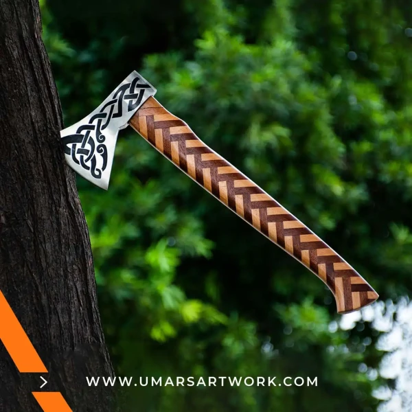 Viking axe with traditional Norse design and engraved steel head, Hand-forged blade inspired by ancient Viking warriors, High-quality axe with sturdy wooden handle for firm grip, Battle-ready replica ideal for display or functional use, Authentic Viking axe collectible with historical craftsmanship