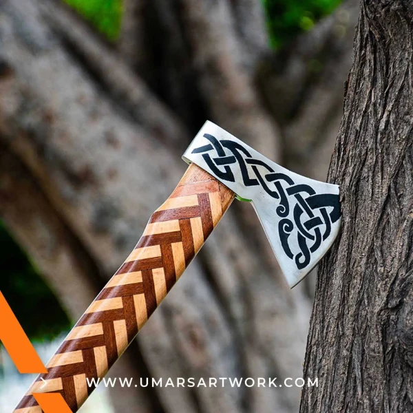 Viking axe with traditional Norse design and engraved steel head, Hand-forged blade inspired by ancient Viking warriors, High-quality axe with sturdy wooden handle for firm grip, Battle-ready replica ideal for display or functional use, Authentic Viking axe collectible with historical craftsmanship