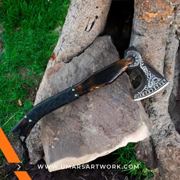 Viking axe with traditional Norse design and engraved steel head, Hand-forged blade inspired by ancient Viking warriors, High-quality axe with sturdy wooden handle for firm grip, Battle-ready replica ideal for display or functional use, Authentic Viking axe collectible with historical craftsmanship