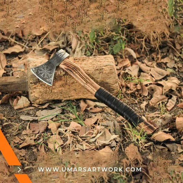 Viking axe with traditional Norse design and engraved steel head, Hand-forged blade inspired by ancient Viking warriors, High-quality axe with sturdy wooden handle for firm grip, Battle-ready replica ideal for display or functional use, Authentic Viking axe collectible with historical craftsmanship