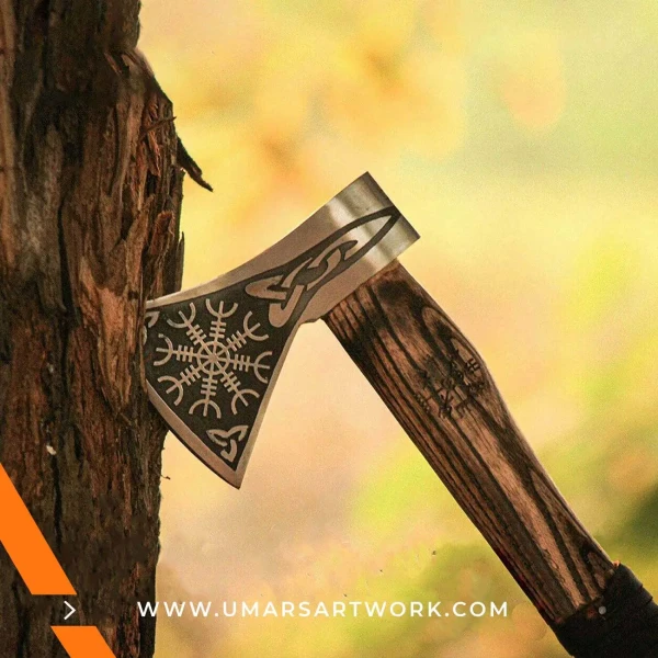 Viking axe with traditional Norse design and engraved steel head, Hand-forged blade inspired by ancient Viking warriors, High-quality axe with sturdy wooden handle for firm grip, Battle-ready replica ideal for display or functional use, Authentic Viking axe collectible with historical craftsmanship