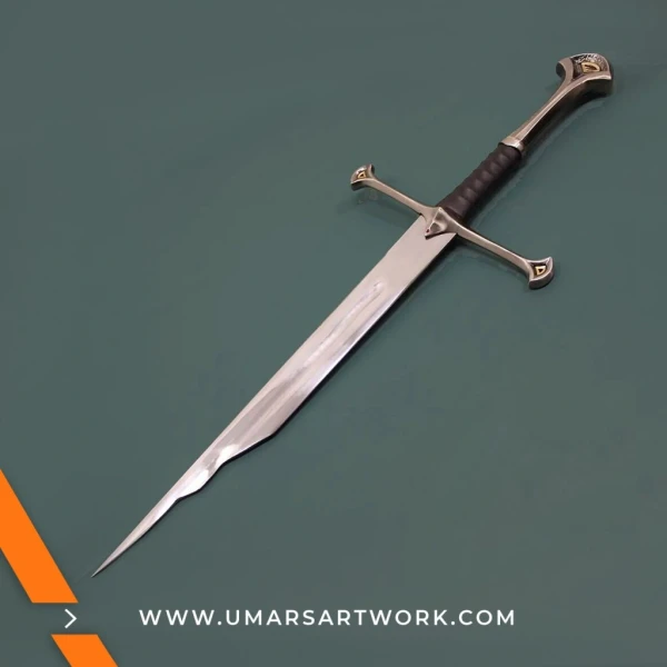 Andúril sword replica with flame-like blade and Elvish engravings, Reforged sword of Aragorn from The Lord of the Rings, High-quality Andúril collectible with detailed hilt design, Fantasy sword replica with polished silver blade, Display-worthy Andúril sword with royal Númenórean style