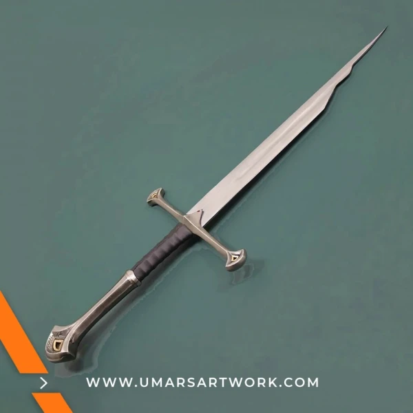 Andúril sword replica with flame-like blade and Elvish engravings, Reforged sword of Aragorn from The Lord of the Rings, High-quality Andúril collectible with detailed hilt design, Fantasy sword replica with polished silver blade, Display-worthy Andúril sword with royal Númenórean style