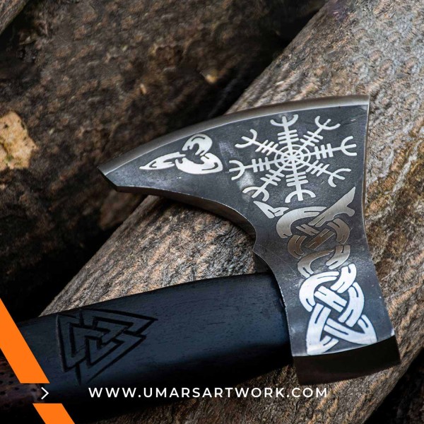 Polished Viking axe with Nordic designs