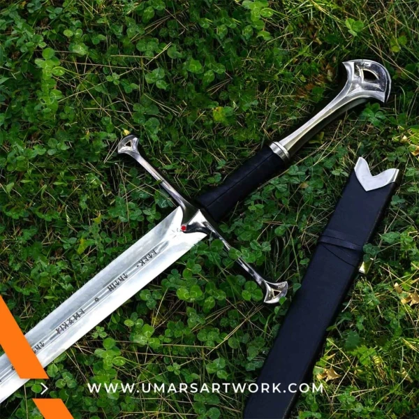 Custom engraved Andúril sword replica with Elvish runes, Sword of Strider from The Lord of the Rings with detailed hilt, High-quality Andúril replica with personalized engraving, Fantasy sword of Aragorn reforged from the shards of Narsil, Collectible Andúril sword with iconic flame-like blade design