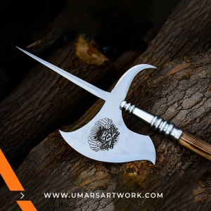 Halberd axe replica with long pole and intricate blade design, Inspired by medieval European battlefield weapons, High-quality collectible with spear point and axe edge, Handcrafted halberd replica with historical detailing, Display-worthy polearm showcasing medieval craftsmanship and power