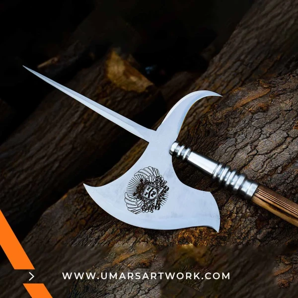Halberd axe replica with long pole and intricate blade design, Inspired by medieval European battlefield weapons, High-quality collectible with spear point and axe edge, Handcrafted halberd replica with historical detailing, Display-worthy polearm showcasing medieval craftsmanship and power