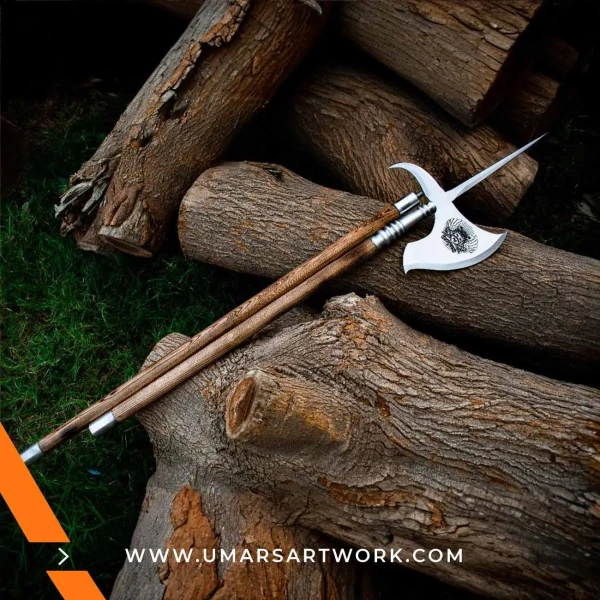 Halberd axe replica with long pole and intricate blade design, Inspired by medieval European battlefield weapons, High-quality collectible with spear point and axe edge, Handcrafted halberd replica with historical detailing, Display-worthy polearm showcasing medieval craftsmanship and power
