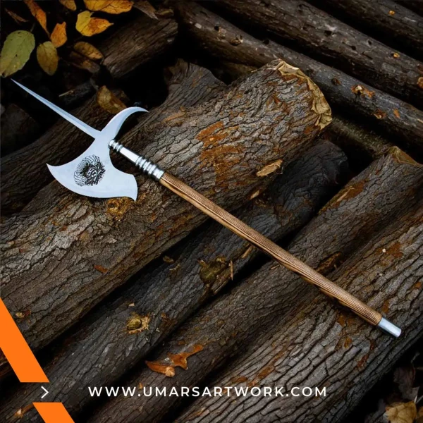 Halberd axe replica with long pole and intricate blade design, Inspired by medieval European battlefield weapons, High-quality collectible with spear point and axe edge, Handcrafted halberd replica with historical detailing, Display-worthy polearm showcasing medieval craftsmanship and power