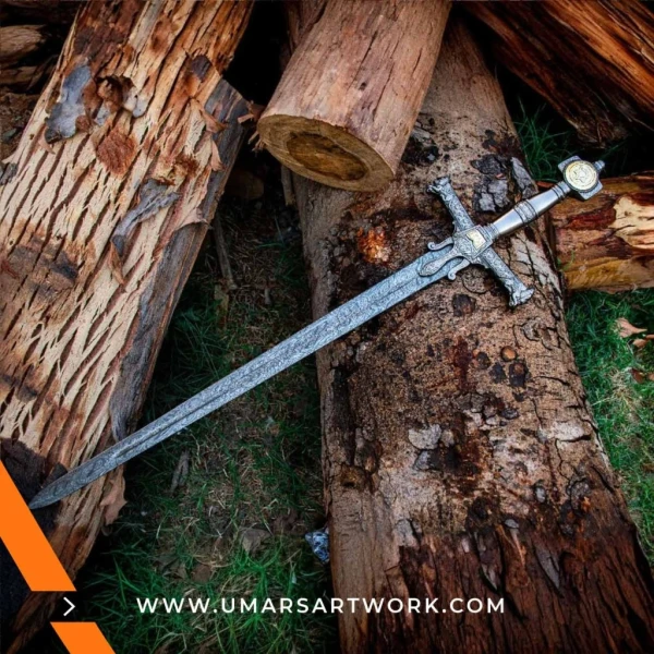Medieval sword replica with classic double-edged blade design, Inspired by European knights and historical warfare, High-quality sword with crossguard and leather grip, Battle-ready medieval replica with forged steel finish, Display-worthy collectible sword from the Middle Ages