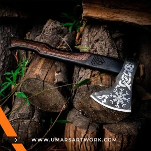 Viking axe with traditional Norse design and engraved steel head, Hand-forged blade inspired by ancient Viking warriors, High-quality axe with sturdy wooden handle for firm grip, Battle-ready replica ideal for display or functional use, Authentic Viking axe collectible with historical craftsmanship