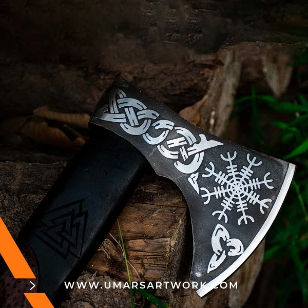 Viking axe with traditional Norse design and engraved steel head, Hand-forged blade inspired by ancient Viking warriors, High-quality axe with sturdy wooden handle for firm grip, Battle-ready replica ideal for display or functional use, Authentic Viking axe collectible with historical craftsmanship
