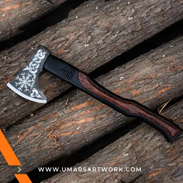 Viking axe with traditional Norse design and engraved steel head, Hand-forged blade inspired by ancient Viking warriors, High-quality axe with sturdy wooden handle for firm grip, Battle-ready replica ideal for display or functional use, Authentic Viking axe collectible with historical craftsmanship