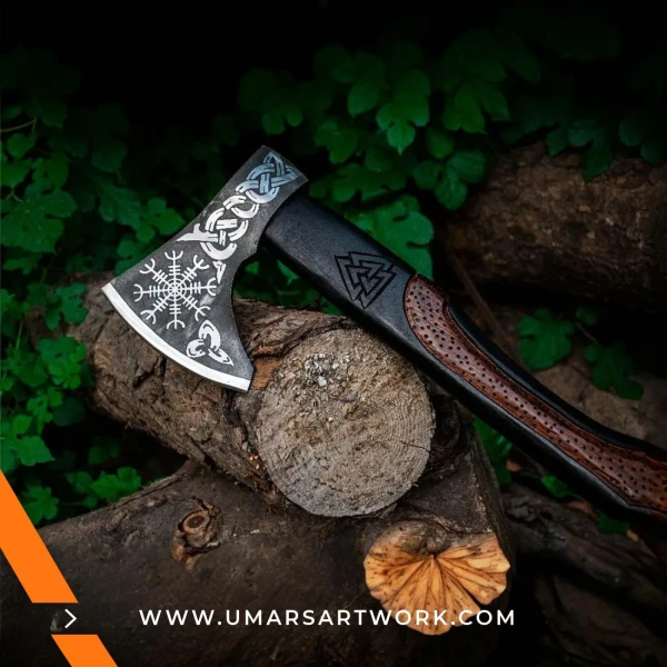 Viking axe with traditional Norse design and engraved steel head, Hand-forged blade inspired by ancient Viking warriors, High-quality axe with sturdy wooden handle for firm grip, Battle-ready replica ideal for display or functional use, Authentic Viking axe collectible with historical craftsmanship