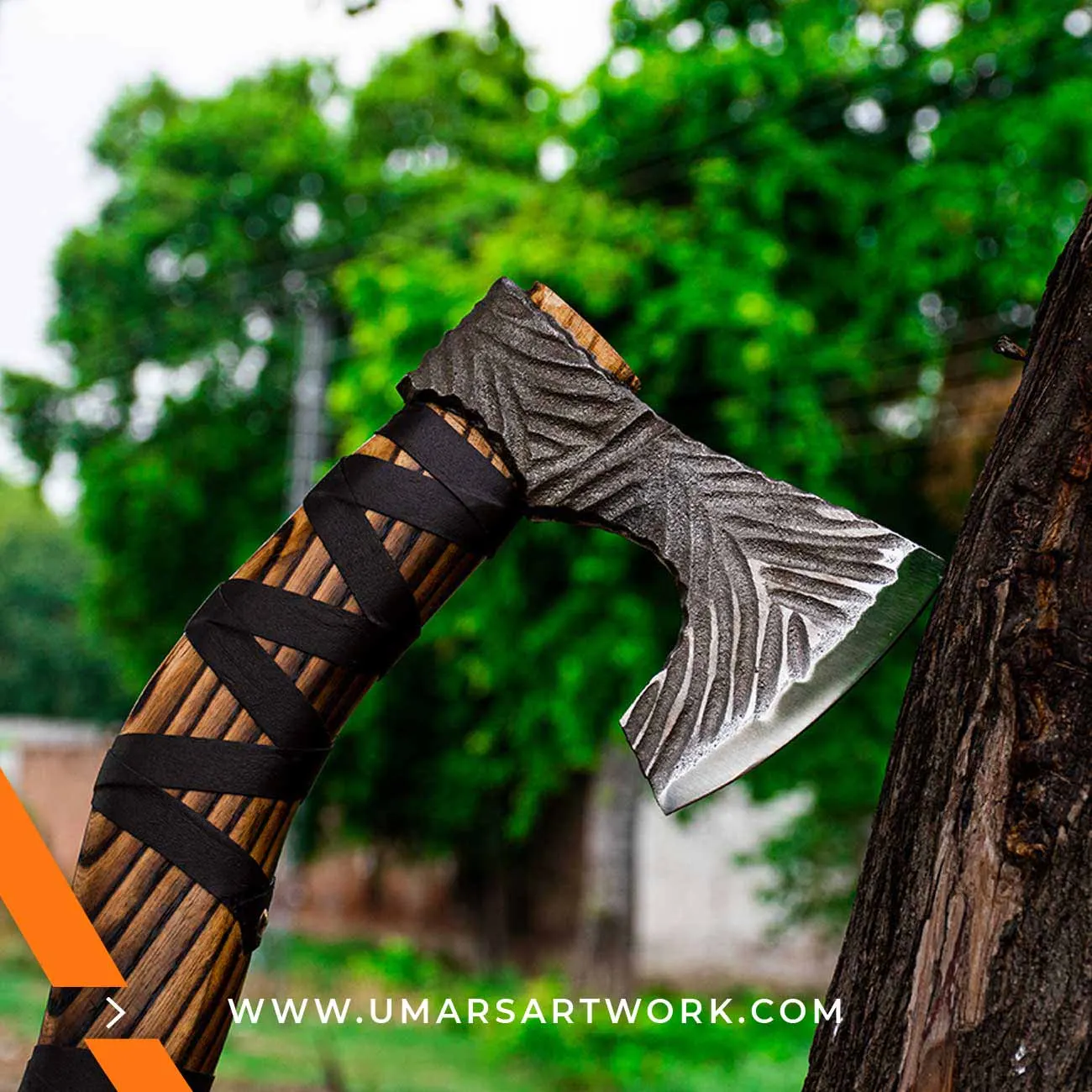 Viking axe with traditional Norse design and engraved steel head, Hand-forged blade inspired by ancient Viking warriors, High-quality axe with sturdy wooden handle for firm grip, Battle-ready replica ideal for display or functional use, Authentic Viking axe collectible with historical craftsmanship
