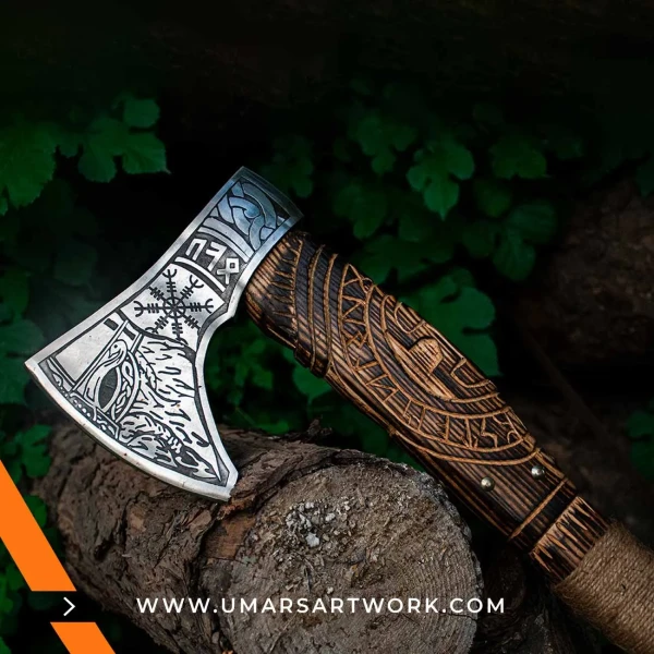 Viking axe with traditional Norse design and engraved steel head, Hand-forged blade inspired by ancient Viking warriors, High-quality axe with sturdy wooden handle for firm grip, Battle-ready replica ideal for display or functional use, Authentic Viking axe collectible with historical craftsmanship