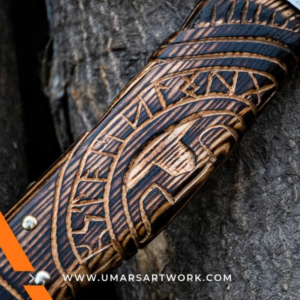 Viking axe with traditional Norse design and engraved steel head, Hand-forged blade inspired by ancient Viking warriors, High-quality axe with sturdy wooden handle for firm grip, Battle-ready replica ideal for display or functional use, Authentic Viking axe collectible with historical craftsmanship