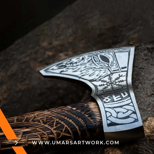 Viking axe with traditional Norse design and engraved steel head, Hand-forged blade inspired by ancient Viking warriors, High-quality axe with sturdy wooden handle for firm grip, Battle-ready replica ideal for display or functional use, Authentic Viking axe collectible with historical craftsmanship