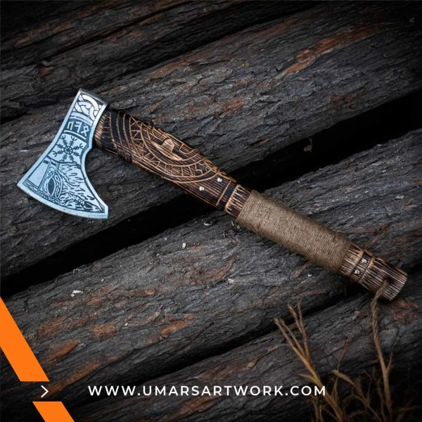 Viking axe with traditional Norse design and engraved steel head, Hand-forged blade inspired by ancient Viking warriors, High-quality axe with sturdy wooden handle for firm grip, Battle-ready replica ideal for display or functional use, Authentic Viking axe collectible with historical craftsmanship
