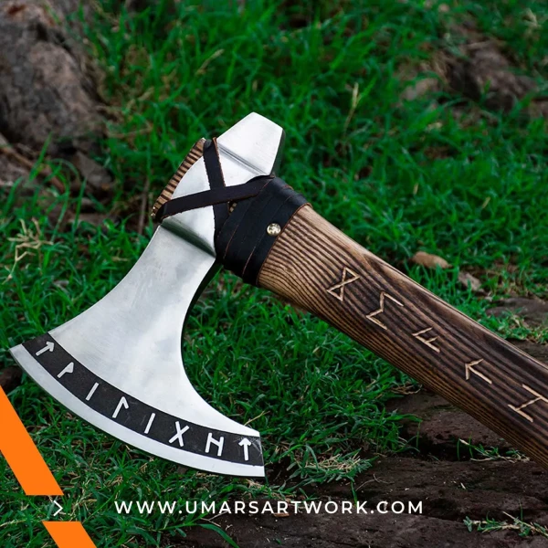Viking axe with traditional Norse design and engraved steel head, Hand-forged blade inspired by ancient Viking warriors, High-quality axe with sturdy wooden handle for firm grip, Battle-ready replica ideal for display or functional use, Authentic Viking axe collectible with historical craftsmanship