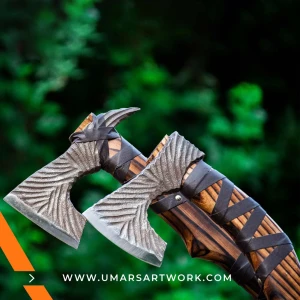 Viking combo axe replica with dual-headed design and Norse detailing, High-quality collectible inspired by ancient Viking weaponry, Hand-forged steel blades with engraved patterns, Sturdy wooden handle for balanced grip and control, Display-worthy Viking axe set combining tradition and craftsmanship