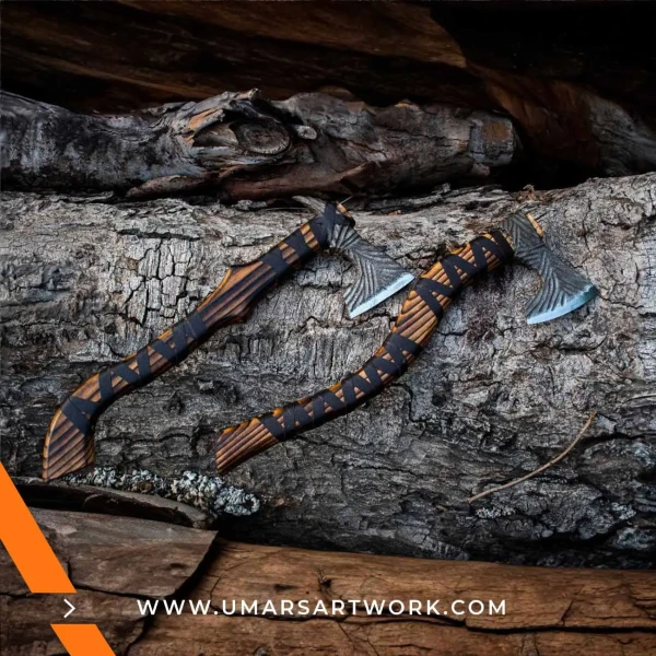 Viking combo axe replica with dual-headed design and Norse detailing, High-quality collectible inspired by ancient Viking weaponry, Hand-forged steel blades with engraved patterns, Sturdy wooden handle for balanced grip and control, Display-worthy Viking axe set combining tradition and craftsmanship