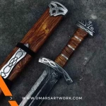 Hand-forged Damascus steel Viking sword with distinctive blade patterns, Sharp battle-ready sword inspired by Norse warriors, High-quality medieval sword with full-tang construction, Authentic replica with leather-wrapped grip and engraved guard, Display-worthy collectible combining Viking and medieval craftsmanship