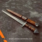 Hand-forged Damascus steel Viking sword with distinctive blade patterns, Sharp battle-ready sword inspired by Norse warriors, High-quality medieval sword with full-tang construction, Authentic replica with leather-wrapped grip and engraved guard, Display-worthy collectible combining Viking and medieval craftsmanship
